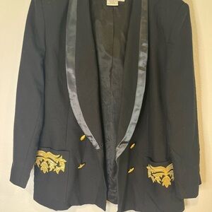 VTG Oleg Cassini Black Embroidered Blazer Size 14 Gold Buttons Jacket Glam Chic